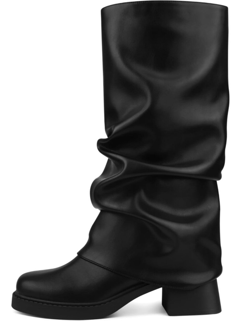 Women's Black Fold Over Slouchy Wide Mid Calf Low Block Heel Stacked Dress Boots - Picture 5 of 6
